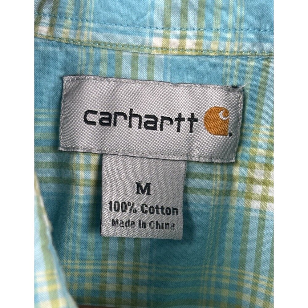 Carhartt Men's Plaid Cotton Button-Up Shirt Blue Yellow Short Sleeve Medium - Picture 3 of 6